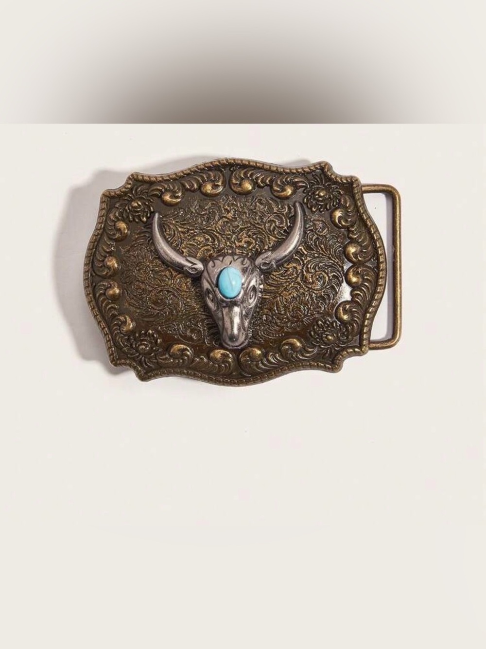 Western Buckle Turquoise Accent Longhorn Decorative Belt Buckle - Brass Tone